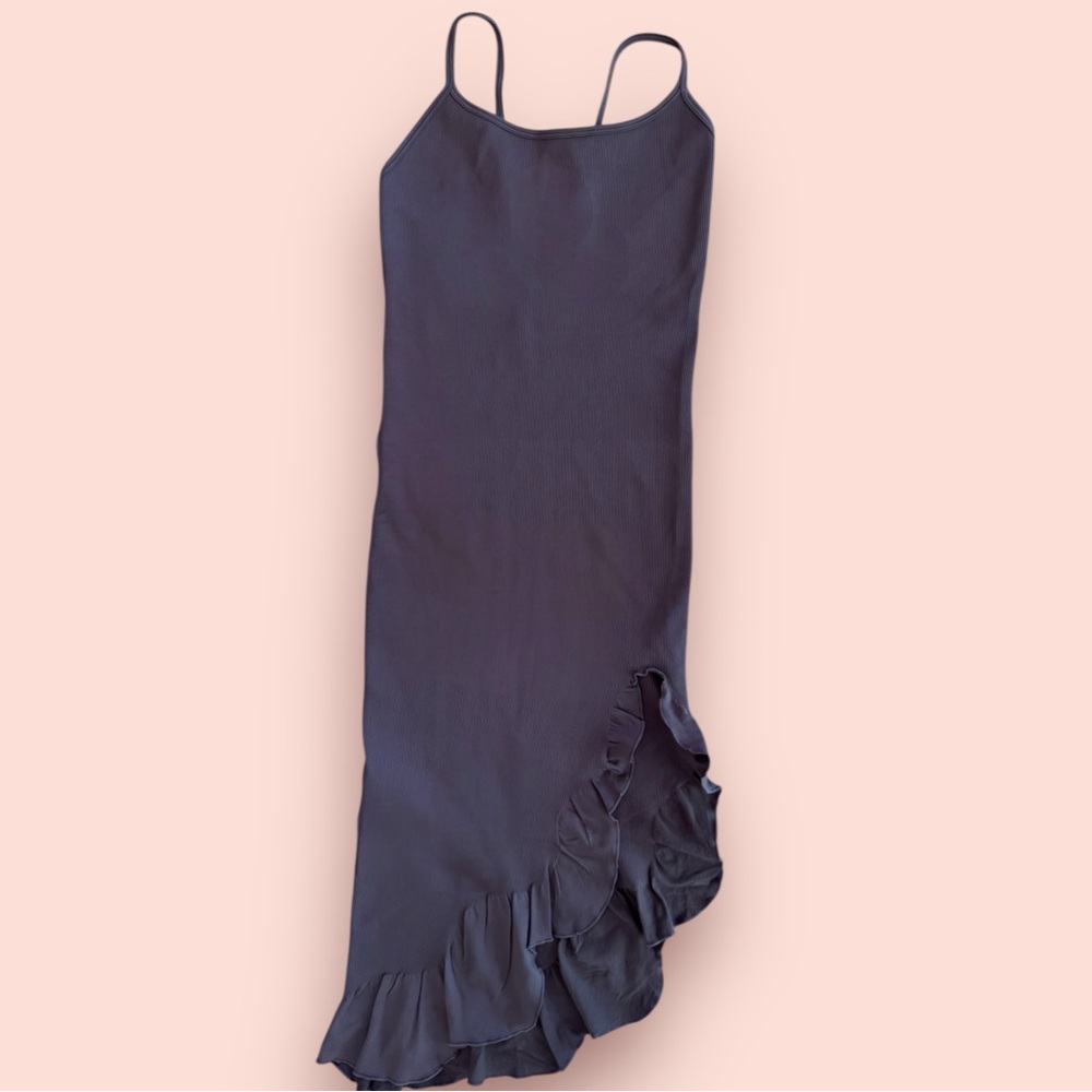 OQQ Ribbed Adjustable Tank Dress with Slit Ruffle Skirt in Cafe Color Large NWOT